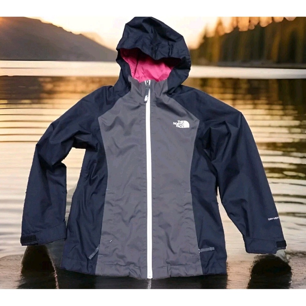 The North Face Rain Jacket Girls 7/8 Navy Grey Good Packable Waterproof DryVent